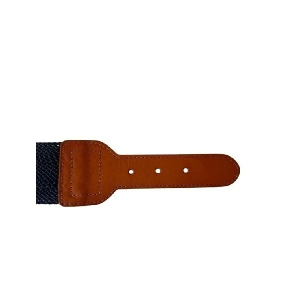 NWT Lands' End Woven Nylon Navy Stretch Belt with‎ Tan Leather Buckle Size XL